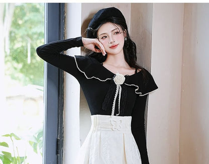 Set: Long-Sleeve Collared Top + High Rise Midi A-Line Skirt