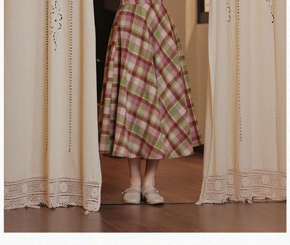 Set: Mock Neck Plain Sweater + High Rise Plaid Midi A-Line Skirt