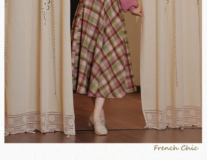 Set: Mock Neck Plain Sweater + High Rise Plaid Midi A-Line Skirt