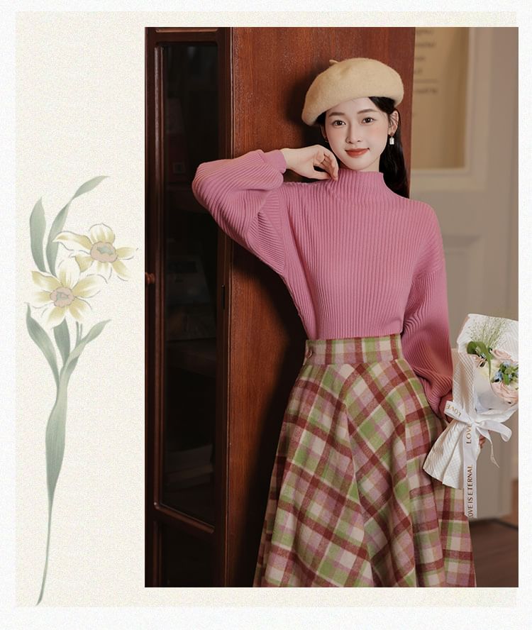 Set: Mock Neck Plain Sweater + High Rise Plaid Midi A-Line Skirt