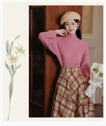 Set: Mock Neck Plain Sweater + High Rise Plaid Midi A-Line Skirt