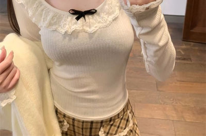 Ruffle Trim Scoop Neck Long Sleeve Plain Tee