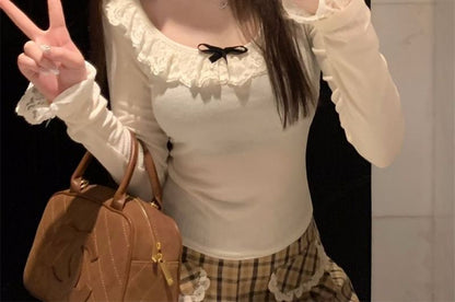 Ruffle Trim Scoop Neck Long Sleeve Plain Tee