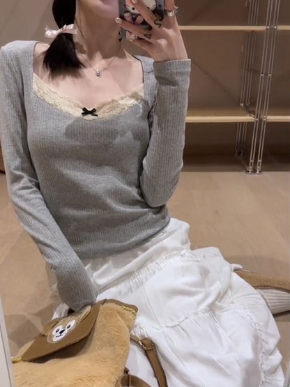 Square Neck Lace Trim Crop Top with Long Sleeves