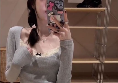Square Neck Lace Trim Crop Top with Long Sleeves