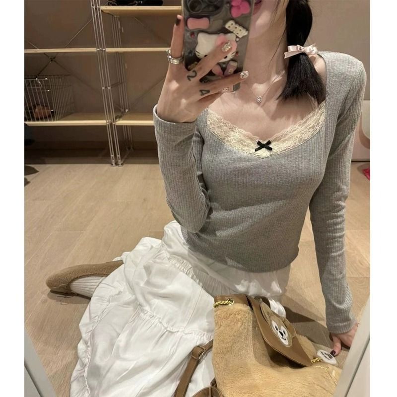Square Neck Lace Trim Crop Top with Long Sleeves