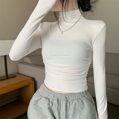 Long-Sleeve Mock Neck Plain Crop Tee