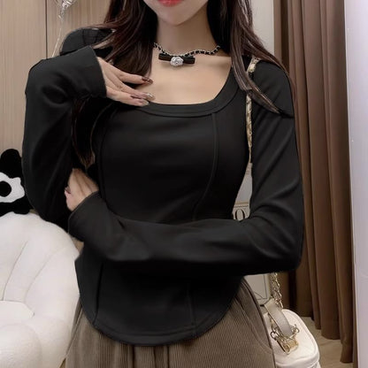 Long-Sleeve Square Neck Plain Top