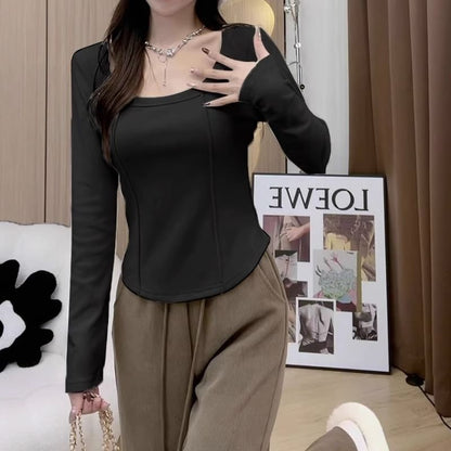 Long-Sleeve Square Neck Plain Top