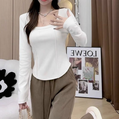 Long-Sleeve Square Neck Plain Top