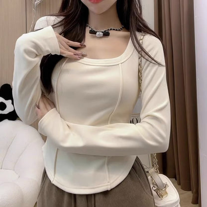 Long-Sleeve Square Neck Plain Top