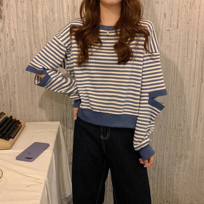 Crewneck Striped Cutout Pullover