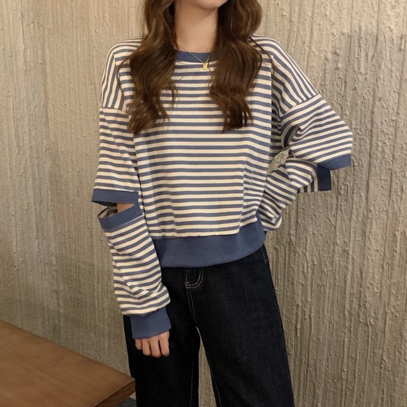 Crewneck Striped Cutout Pullover