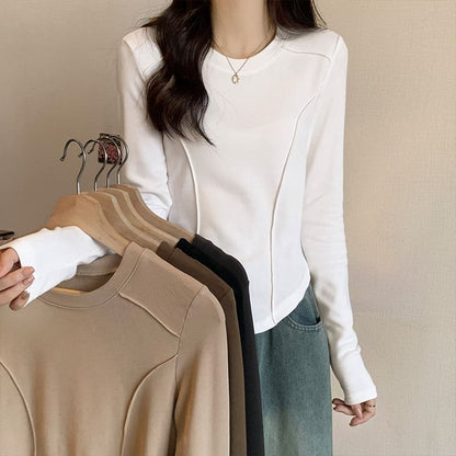 Long-Sleeve Crewneck Plain Top