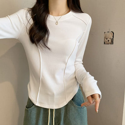 Long-Sleeve Crewneck Plain Top