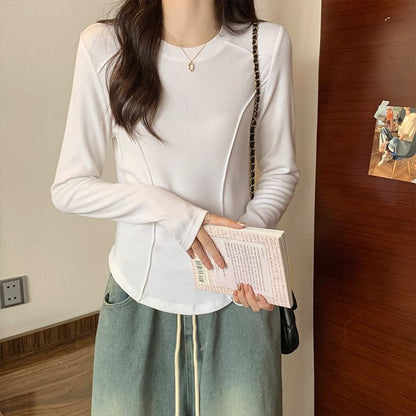 Long-Sleeve Crewneck Plain Top
