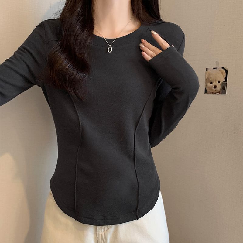 Long-Sleeve Crewneck Plain Top