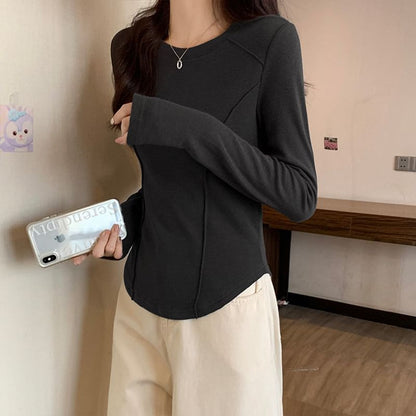 Long-Sleeve Crewneck Plain Top