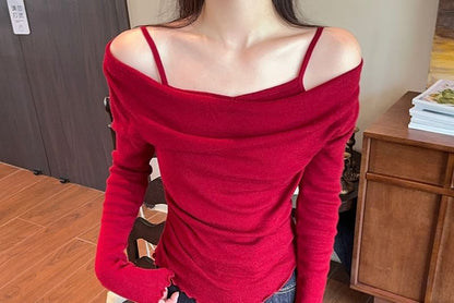 Mock Two-Piece Long-Sleeve Cold Shoulder Plain Knit Top