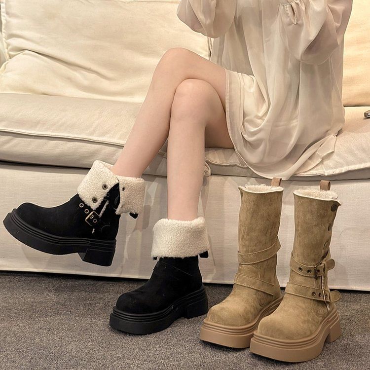 Fur Mid Calf Buckled Faux Boots