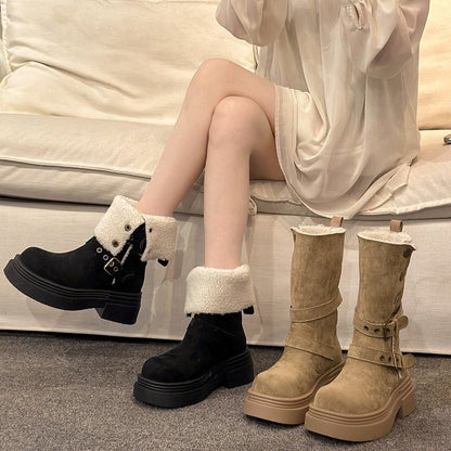 Fur Mid Calf Buckled Faux Boots