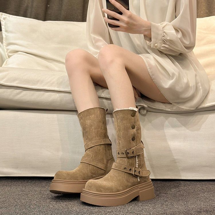 Fur Mid Calf Buckled Faux Boots