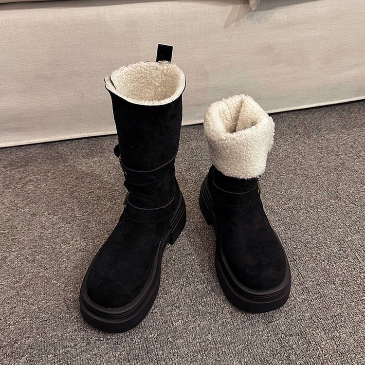 Fur Mid Calf Buckled Faux Boots