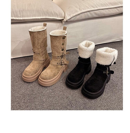 Fur Mid Calf Buckled Faux Boots