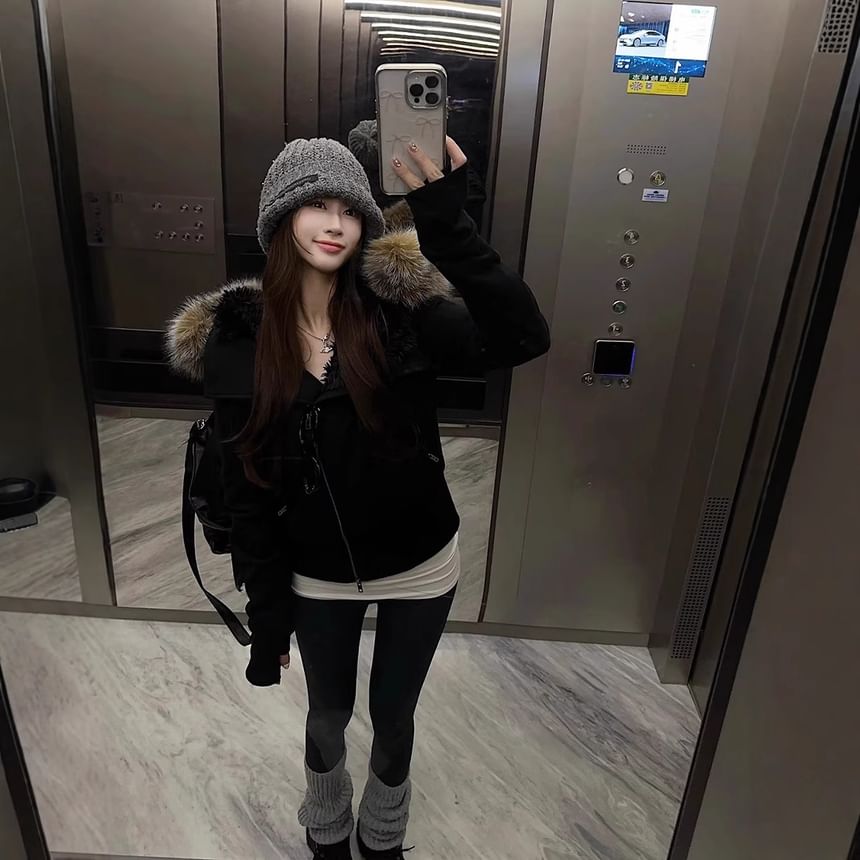 Fluffy Hooded Plain Zip Jacket / Mid Rise Plain Wide Leg Pants