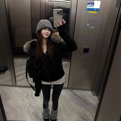 Fluffy Hooded Plain Zip Jacket / Mid Rise Plain Wide Leg Pants