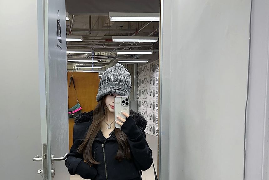 Fluffy Hooded Plain Zip Jacket / Mid Rise Plain Wide Leg Pants