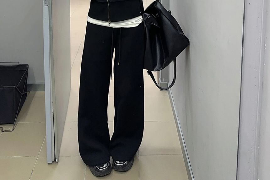 Fluffy Hooded Plain Zip Jacket / Mid Rise Plain Wide Leg Pants