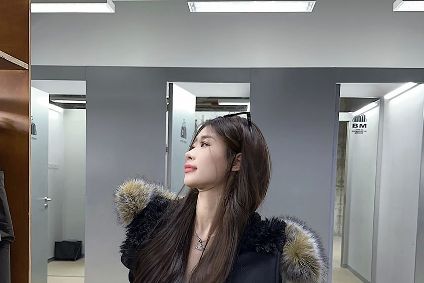 Fluffy Hooded Plain Zip Jacket / Mid Rise Plain Wide Leg Pants