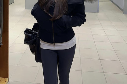 Fluffy Hooded Plain Zip Jacket / Mid Rise Plain Wide Leg Pants