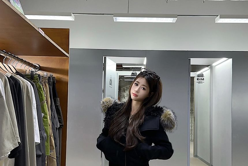 Fluffy Hooded Plain Zip Jacket / Mid Rise Plain Wide Leg Pants