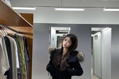 Fluffy Hooded Plain Zip Jacket / Mid Rise Plain Wide Leg Pants