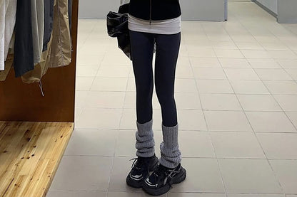 Fluffy Hooded Plain Zip Jacket / Mid Rise Plain Wide Leg Pants