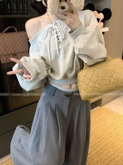 Long Sleeve Off Shoulder Plain Lace Up Sweatshirt