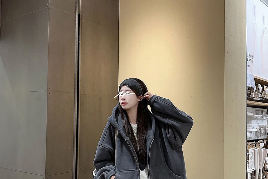 Plain Fleece-Lined Zip Hoodie / Drawstring Waist Wide Leg Sweatpants