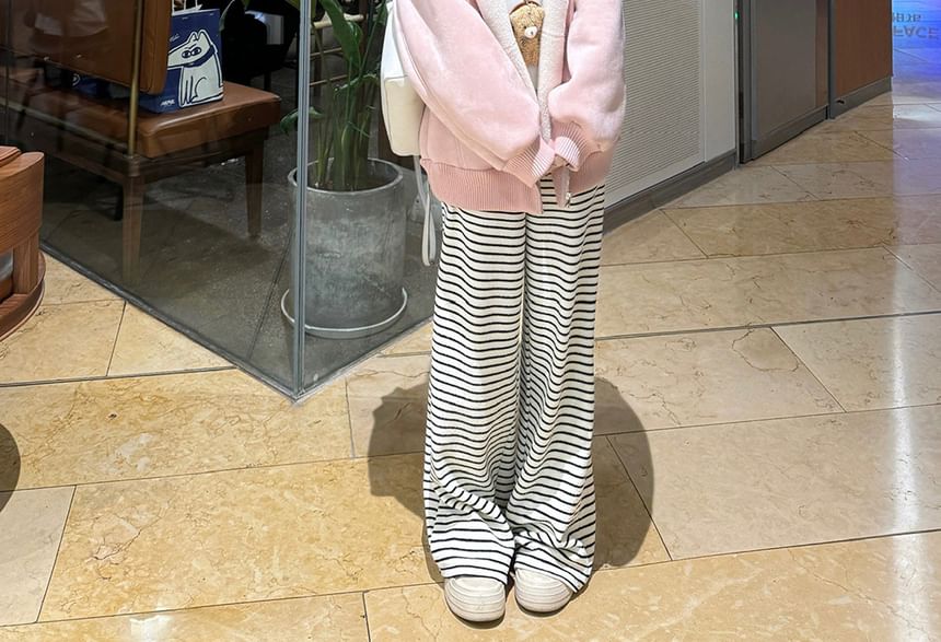 Plain Fleece-Lined Zip Hoodie / Long Sleeve Halter Plain Mock Two Piece T-Shirt / Drawstring Waist Striped Wide Leg Pants