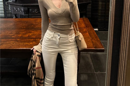 Long Sleeve V-Neck Plain T-Shirt