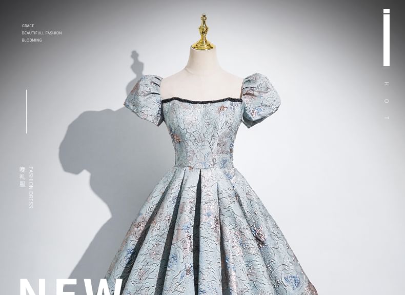 Evening Pleated A-Line Sleeve Puff Jacquard Square Neck Gown