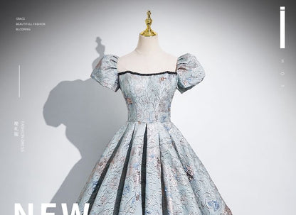 Evening Pleated A-Line Sleeve Puff Jacquard Square Neck Gown