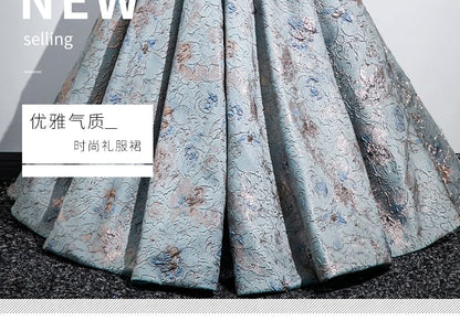 Puff Sleeve Square Neck Pleated Jacquard A-Line Evening Gown