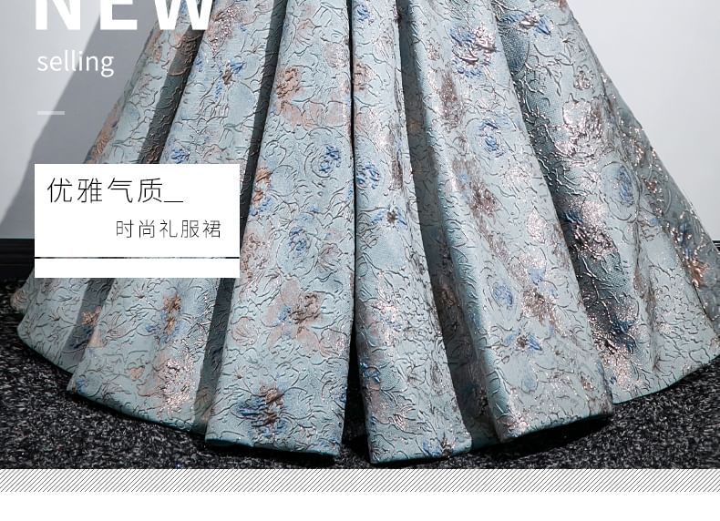 Evening Pleated A-Line Sleeve Puff Jacquard Square Neck Gown