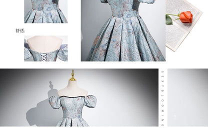 Evening Pleated A-Line Sleeve Puff Jacquard Square Neck Gown