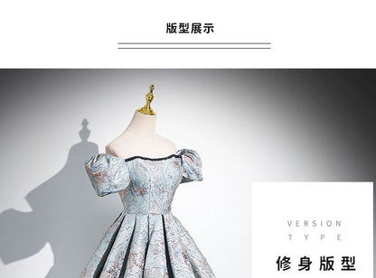 Puff Sleeve Square Neck Pleated Jacquard A-Line Evening Gown