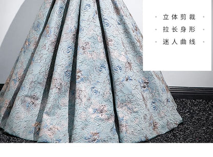 Evening Pleated A-Line Sleeve Puff Jacquard Square Neck Gown