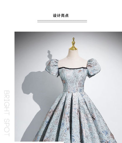 Evening Pleated A-Line Sleeve Puff Jacquard Square Neck Gown