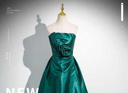 Gown Ruched Flower Evening Tube Plain A-Line